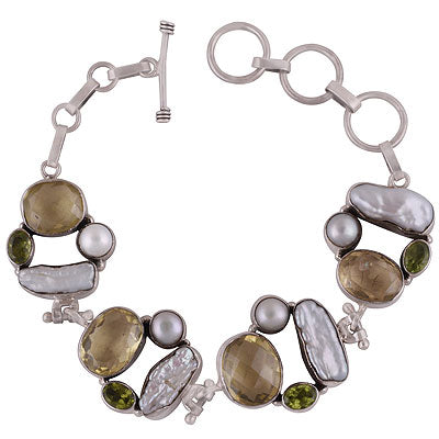 Gorgeous Unique Multiple Seated Gemstones Peridot, Lemon Topaz, Pearl, Shell Multi Shapes 925 Sterling Solid Silver Bracelet - R7400023-10