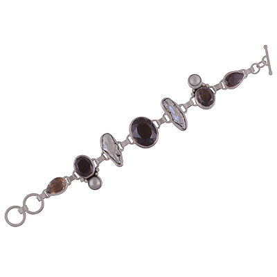 Unique Seated Gemstones Around Smoky Topaz,Pearl,Shell Multi Shapes 925 Sterling Solid Silver Bracelet - R7400023-9