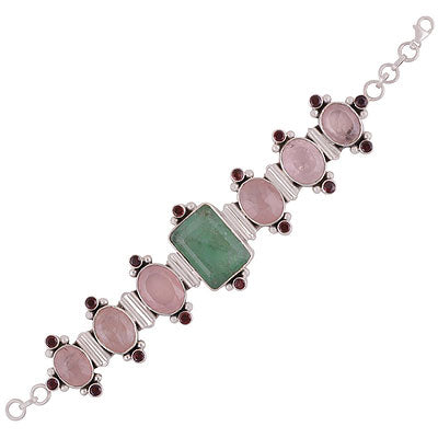 Beautifullyhandcraftedmultiplegemstonesaround Garnet,Green Aventurine,Rose Quartz Multi Shapes 925 Sterling Solid Silver Bracelet - R7400024-10