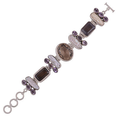 BeautifulMulticolouredgemstones Amethyst,Smoky Topaz,Shell Multi Shapes 925 Sterling Solid Silver Bracelet - R7400025-4