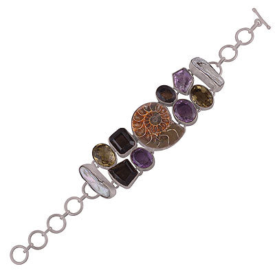 Beautifulshellwithmulticolouredgemstones Ammonite,Amethyst,Lemon Topaz,Smoky Topaz,Shell Multi Shapes 925 Sterling Solid Silver Bracelet - R7400025-9