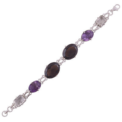 Beautiful multicoloured gemstones Amethyst,Smoky Topaz,Crystal Oval,Rectangle Shape 925 Sterling Solid Silver Bracelet - R7400026-9
