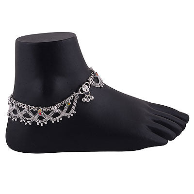 Gorgeous Hanging Chain Pattern with Colourful Motifs Plain Design 925 Sterling Solid Silver Anklet - R7600000-4
