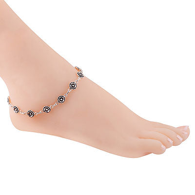 Beautiful Oxidised Flower Plain 925 Sterling Solid Silver Anklet - R7600094-2