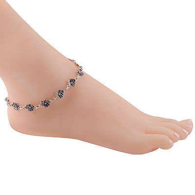 Stunning Textured Flower Around Plain 925 Sterling Solid Silver Anklet - R7600094-3