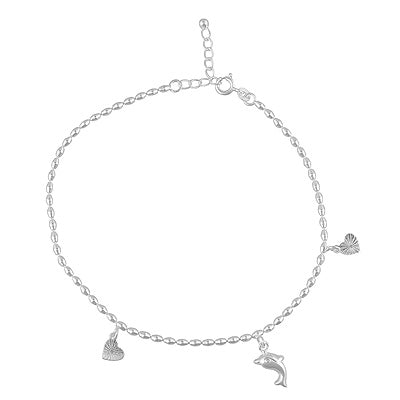 Stunning Dolphin & Heart Charm Hanging Plain 925 Sterling Solid Silver Anklet - R7600121-1