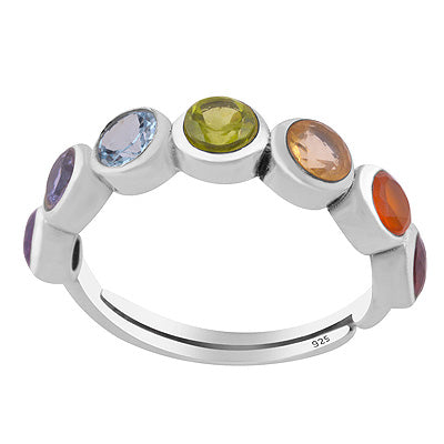 Alluring Chakra Gemstones Around Amethyst,Iolite,Blue Topaz,Peridot,Citrine,Carnelian,Garnet Round Shape 925 Sterling Solid Silver Ring - R7700003-1