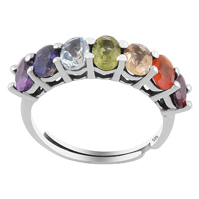Gorgeous Chakra Gemstones Around Amethyst,Iolite,Blue Topaz,Peridot,Citrine,Carnelian,Garnet Oval Shape 925 Sterling Solid Silver Ring - R7700004-1