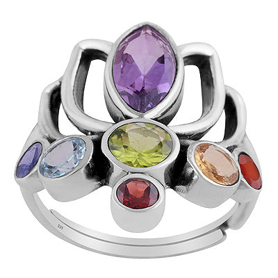 Beautifully Flowar Chakra Gemstone Around Amethyst,Iolite,Blue Topaz,Peridot,Citrine,Carnelian,Garnet Multi Shape 925 Sterling Solid Silver Ring - R7700005-1