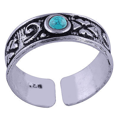 Gorgeous Oxidised HandWork Around Turquoise Round Shape 925 Sterling Solid Silver Toe Ring - R8000034-24