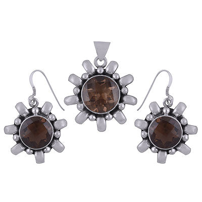Alluring Rawa & Wire work Around Smoky Topaz Round Shape 925 Sterling Solid Silver Pendant Sets - R8200001-18