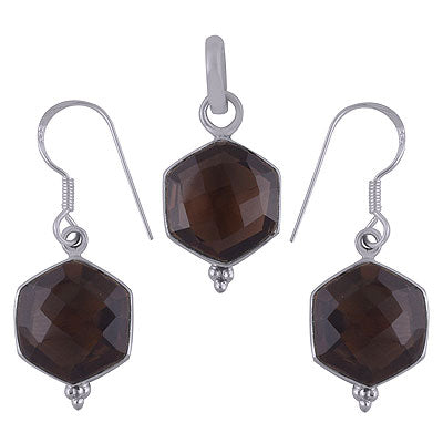 Minimal Rawa Work at Bottom Smoky Topaz Hexagon Shape 925 Sterling Solid Silver Pendant Sets - R8200001-19
