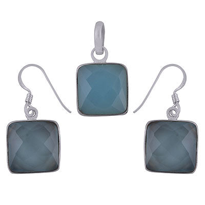 Gorgeous Square Shaped Gemstone Blue Chalcedony Square Shape 925 Sterling Solid Silver Pendant Sets - R8200001-27