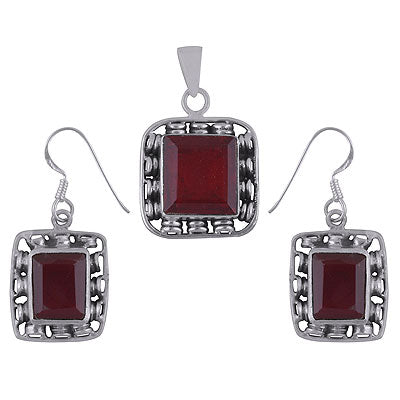 Alluring Handwork Around Red Crystal Rectangle Shape 925 Sterling Solid Silver Pendant Sets - R8200001-29