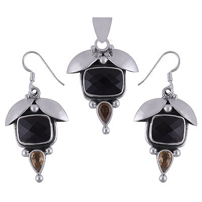 Stunning Unique Wing With Gemstones Black Onyx,Citrine Rectangle,Pear Shape 925 Sterling Solid Silver Pendant Sets - R8200001-31