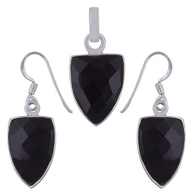 Beautiful Bullet Shaped Gemstone Black Onyx Inverted Triangle Shape 925 Sterling Solid Silver Pendant Sets - R8200001-33