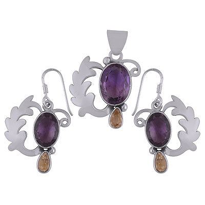 Beautiful Cut out Wing and multicoloured Gemstone Amethyst,Citrine Oval,Pear Shape 925 Sterling Solid Silver Pendant Sets - R8200003-1