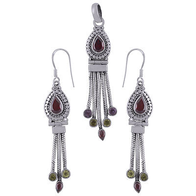 Beautifully Hanging Multicoloured Gemstone Amethyst,Garnet,Peridot Round,Pear Shape 925 Sterling Solid Silver Pendant Sets - R8200003-13