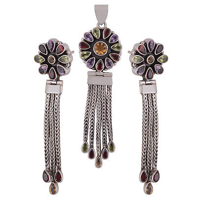 Gorgeous Flower Loaded with Multicoloured Hanging Gemstone Amethyst,Garnet,Peridot,Citrine Round,Pear Shape 925 Sterling Solid Silver Pendant Sets - R8200003-17