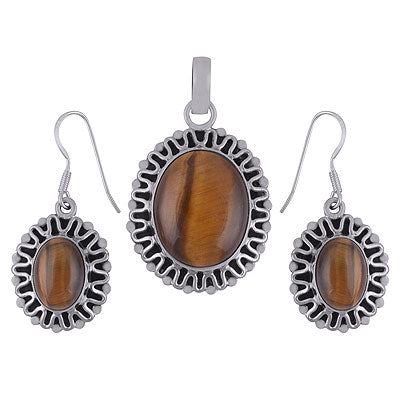Gorgeous Handcrafted Pattern Around Tiger's Eye Oval Shape 925 Sterling Solid Silver Pendant Sets - R8200004-12