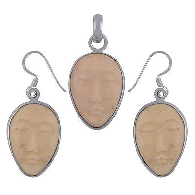 Beautiful Human Face Engraved Gemstone Bone Face Pear Shape 925 Sterling Solid Silver Pendant Sets - R8200004-13