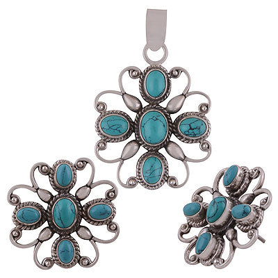 Stunning Handcrafted Flower Work Around Turquoise Oval Shape 925 Sterling Solid Silver Pendant Sets - R8200004-4