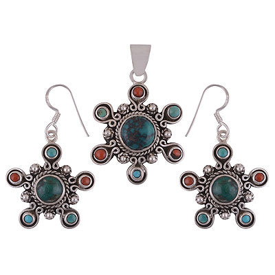 Alluring Rawa and Wire Work Around Turquoise,Coral Round Shape 925 Sterling Solid Silver Pendant Sets - R8200004-5