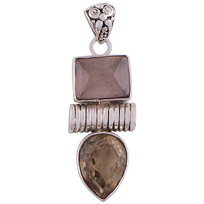 Authentic Handcrafted Design Lemon Topaz,Rose Quartz Pear,Rectangle Shape 925 Sterling Solid Silver Pendant - R8400000-1120