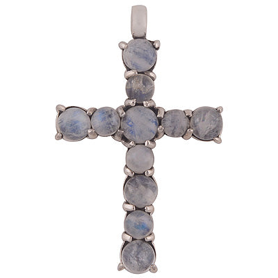 Cross Charm with Blue Fire light in Rainbow Moonstone Round Shapes 925 Sterling Solid Silver Cross Pendant - R8400003-23