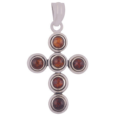 Alluring Cross Charm Loaded with Gemstone Amber Round Shape 925 Sterling Solid Silver Cross Pendant - R8400003-4