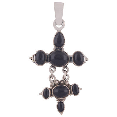 Stunning Design Loaded with Gemstone Black Onyx Oval & Pear Shape 925 Sterling Solid Silver Cross Pendant - R8400003-6