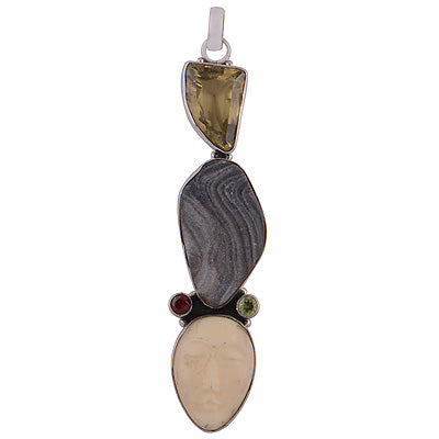 Beautiful Multi Gemstones Lemon Topaz,Garnet,Peridot,Bone Face,Drusy Irregular Shape 925 Sterling Solid Silver Pendant - R8400004-11