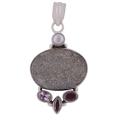 Stunning Four Multi Stone Amethyst,Garnet,Pearl,Drusy Irregular Shape 925 Sterling Solid Silver Pendant - R8400004-15
