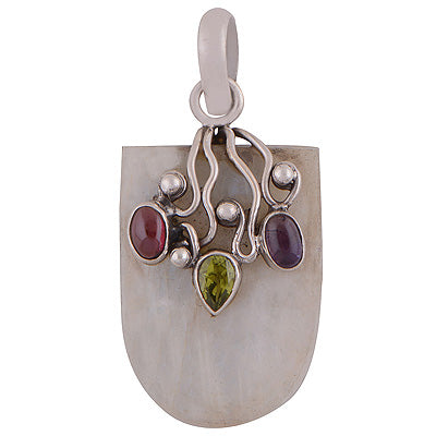 Beautiful Handwork with Gemstones On Rainbow Moonstone,Garnet,Amethyst,Peridot Oval & Pear Shape 925 Sterling Solid Silver Pendants - R8400004-2