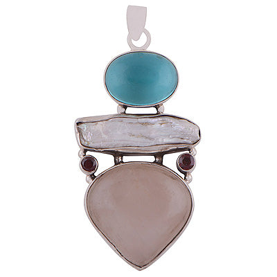 Stunning Multi Gemstone Garnet,Shell,Blue Topaz,Rose Quartz Irregular Shape 925 Sterling Solid Silver Pendant - R8400004-22