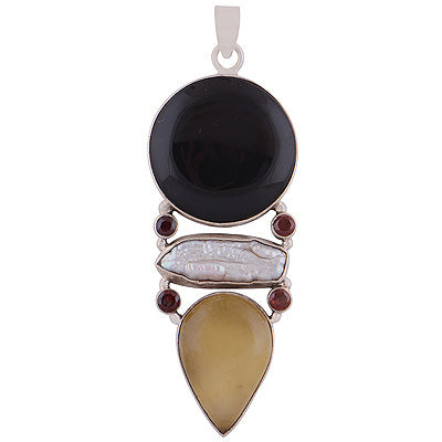 Alluring Multi Gemstone Abstract Garnet,Shell,Black Onyx,Yellow Onyx Irregular Shape 925 Sterling Solid Silver Pendant - R8400004-25