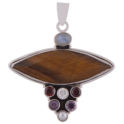 Stunning Handcrafted Gemstone Cluster Amethyst,Garnet,Pearl,Rainbow Moonstone,White Cubic Zirconia,Tiger's Eye Oval,Round,Marquise Shape 925 Sterling Solid Silver Pendant - R8400005-19