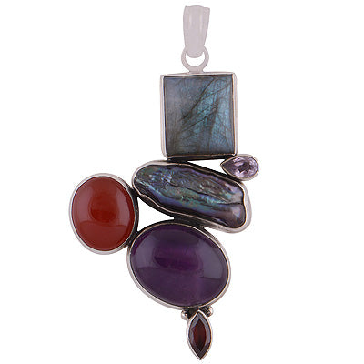 Multi Gemstone Abstract Amethyst,Garnet,Labradorite,Carnelian,Shell Irregular Shape 925 Sterling Solid Silver Pendant - R8400005-2