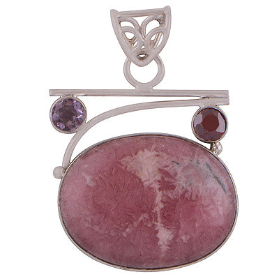 Elegant Handcrafted Gemstone Cluster Amethyst,Garnet,Rhodochrosite Oval,Round Shape 925 Sterling Solid Silver Pendant - R8400005-23