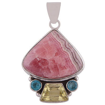 Stunning Handcrafted Gemstone Cluster Rhodochrosite,Lemon Topaz,Blue Topaz Irregular Shape 925 Sterling Solid Silver Pendant - R8400005-24