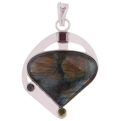 Alluring Handcrafted Gemstone Cluster Amethyst,Peridot,Iolite,Labradorite Irregular Shape 925 Sterling Solid Silver Pendant - R8400005-27