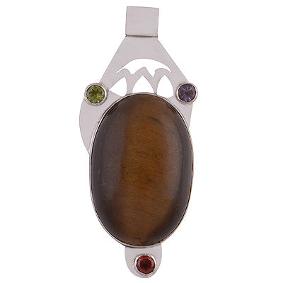 Elegant Handcrafted Gemstone Cluster Amethyst,Garnet,Peridot,Tiger's Eye Oval,Round Shape 925 Sterling Solid Silver Pendant - R8400005-28