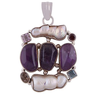 Rawa Attached Multi Gemstone Abstract Amethyst,Garnet,Smoky Topaz,Blue Topaz,Shell Irregular Shape 925 Sterling Solid Silver Pendant - R8400005-4