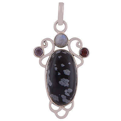 Beautiful Handcrafted Gemstone Cluster Amethyst,Garnet,Rainbow Moonstone,Snowflake Obsidian Oval,Round Shape 925 Sterling Solid Silver Pendant - R8400006-22
