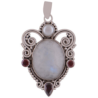 Alluring Handcrafted Gemstone Cluster Garnet,Rainbow Moonstone,Pearl Oval,Round,Pear Shape 925 Sterling Solid Silver Pendant - R8400006-24