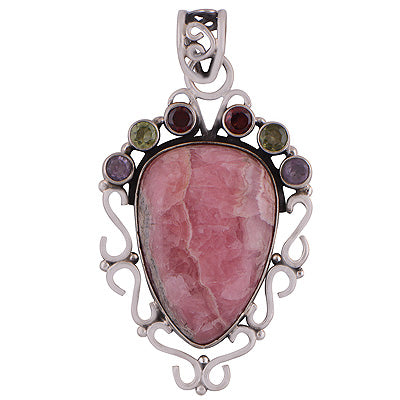 Stunning Handcrafted Gemstone Cluster Amethyst,Garnet,Peridot,Rhodochrosite Pear,Round Shape 925 Sterling Solid Silver Pendant - R8400006-26