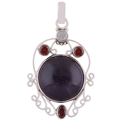 Beautiful Handcrafted Gemstone Cluster Amethyst,Garnet,Rainbow Moonstone Oval,Round Shape 925 Sterling Solid Silver Pendant - R8400006-27