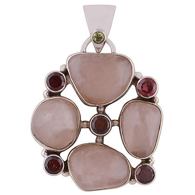 Gorgeous Handcrafted Gemstone Cluster Garnet,Rose Quartz Irregular Shape 925 Sterling Solid Silver Pendant - R8400006-28