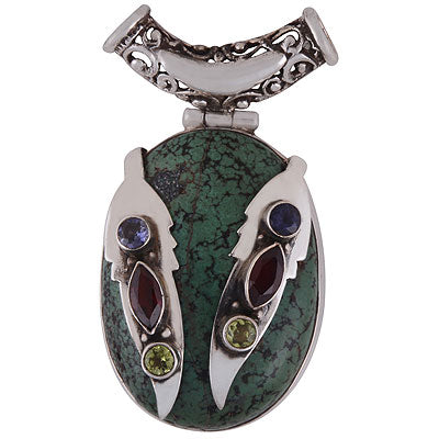 Gorgeous Wings Handcrafted using Gemstones Garnet,Peridot,Iolite,Turquoise Irregular Shape 925 Sterling Solid Silver Pendant - R8400006-30