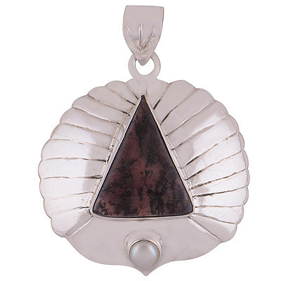 Alluring Handcrafted Gemstone Cluster Pearl,Rhodonite Trillion,Round Shape 925 Sterling Solid Silver Pendant - R8400006-4